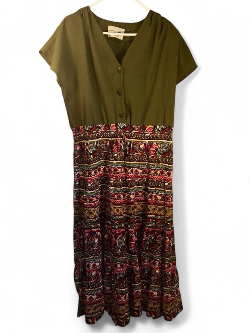 Olive Green & Multicolor Boho Maxi Dress with Button Front